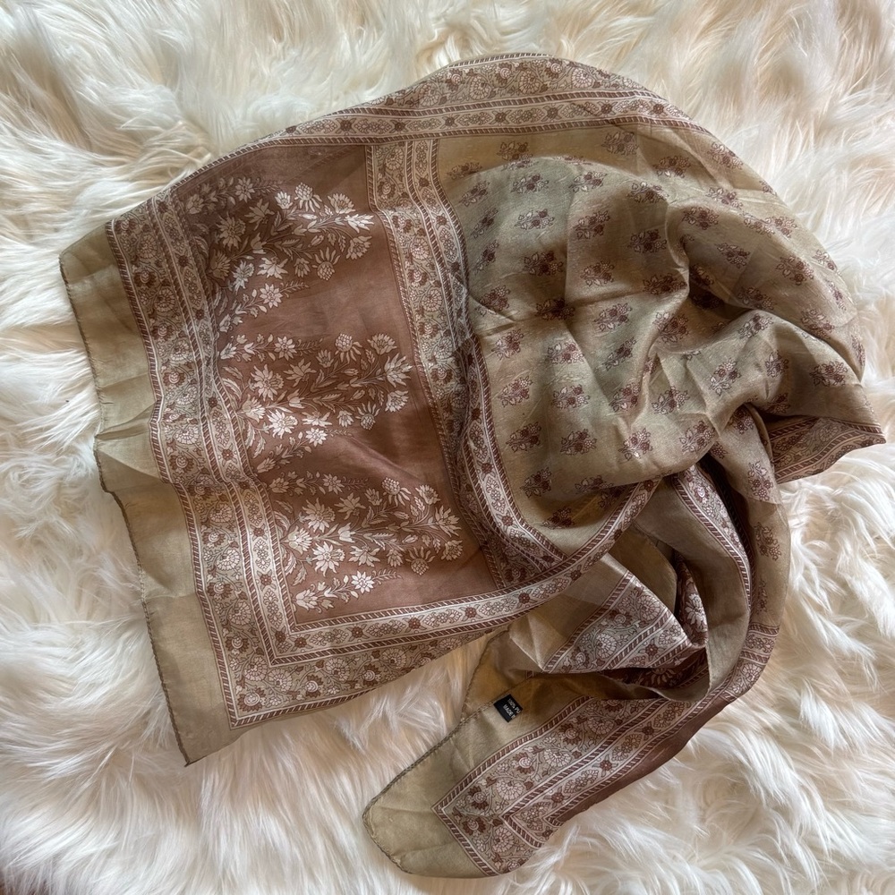 100% Pure Silk Floral Scarf | Golden Tan & Mauve Pink-ish 20" x 68" Spring Piece - Picture 6 of 9